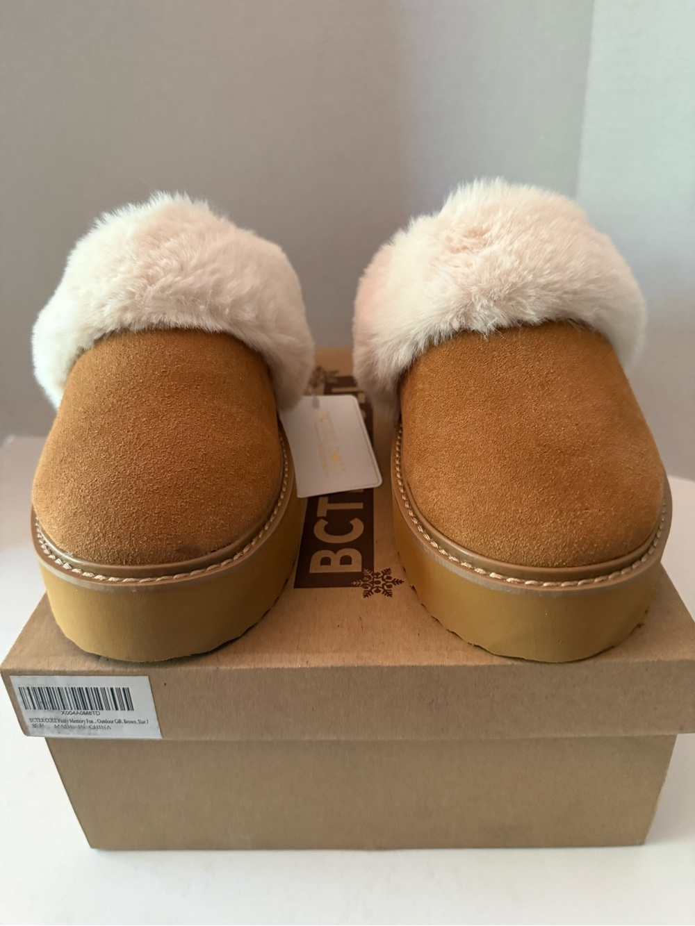 BC COLL Faux-Suede Shearling-Lined Slip-On Mules in Dark Tan Women’s 7 New